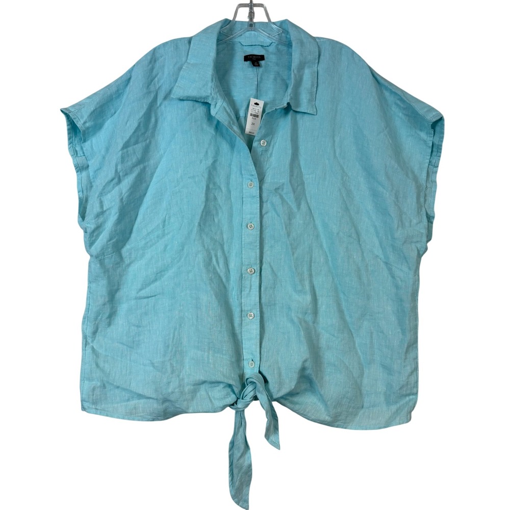 NWT Talbots Plus Women 2X Aqua Blue Linen Tie-Front Button Down Shirt Coastal